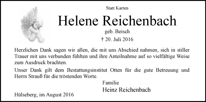 Traueranzeige von Helene Reichenbach von Osterholzer Kreisblatt
