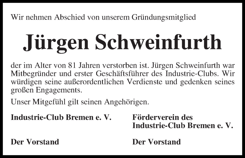 Traueranzeige von Jürgen Schweinfurth von WESER-KURIER