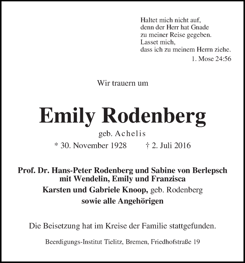 Traueranzeige von Emily Rodenberg von WESER-KURIER