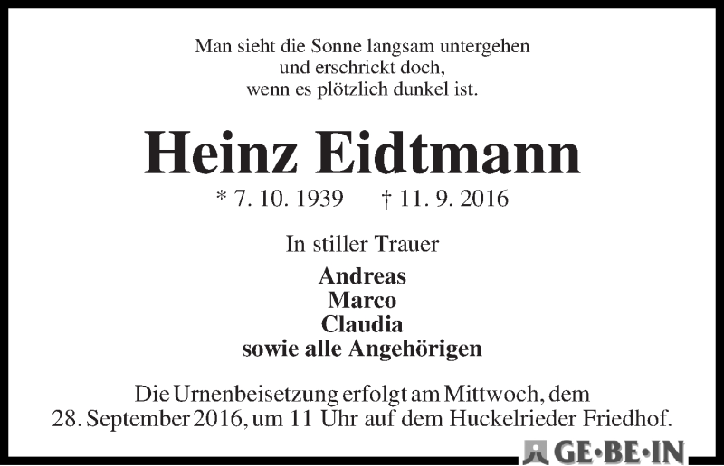 Traueranzeige von Heinz Eidtmann von WESER-KURIER