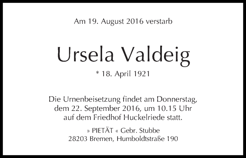 Traueranzeige von Ursela Valdeig von WESER-KURIER