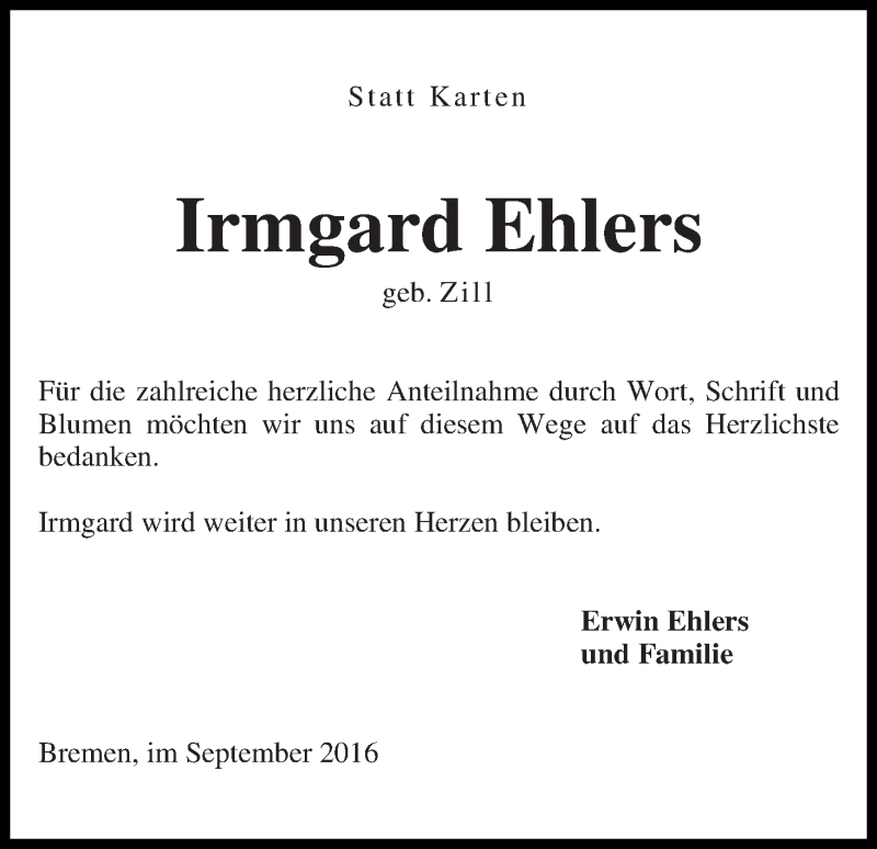Traueranzeige von Irmgard Ehlers von WESER-KURIER