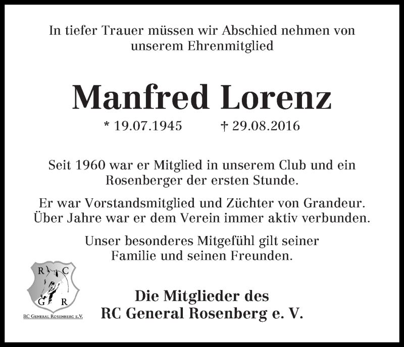 Traueranzeige von Manfred Lorenz von Die Norddeutsche