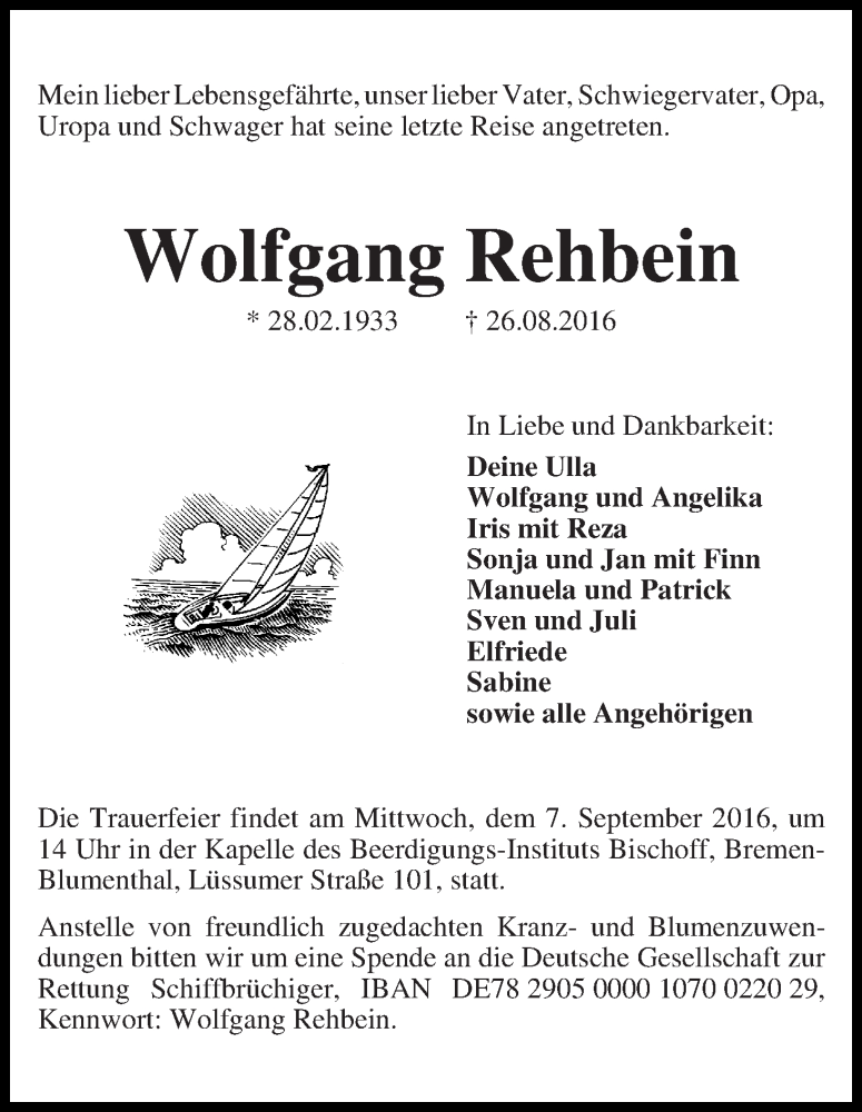Traueranzeige von Wolfgang Rehbein von Die Norddeutsche