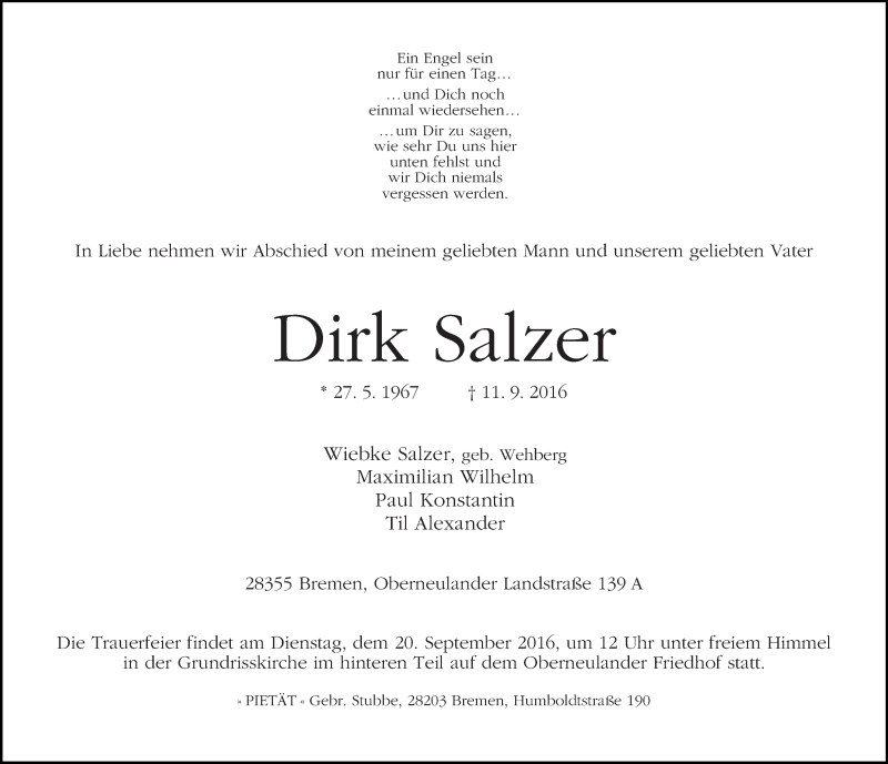 Traueranzeige von Dirk Salzer von WESER-KURIER