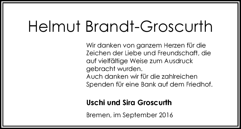 Traueranzeige von Helmut Brand-Groscurth von WESER-KURIER