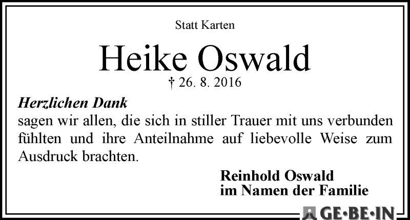 Traueranzeige von Heike Oswald von WESER-KURIER