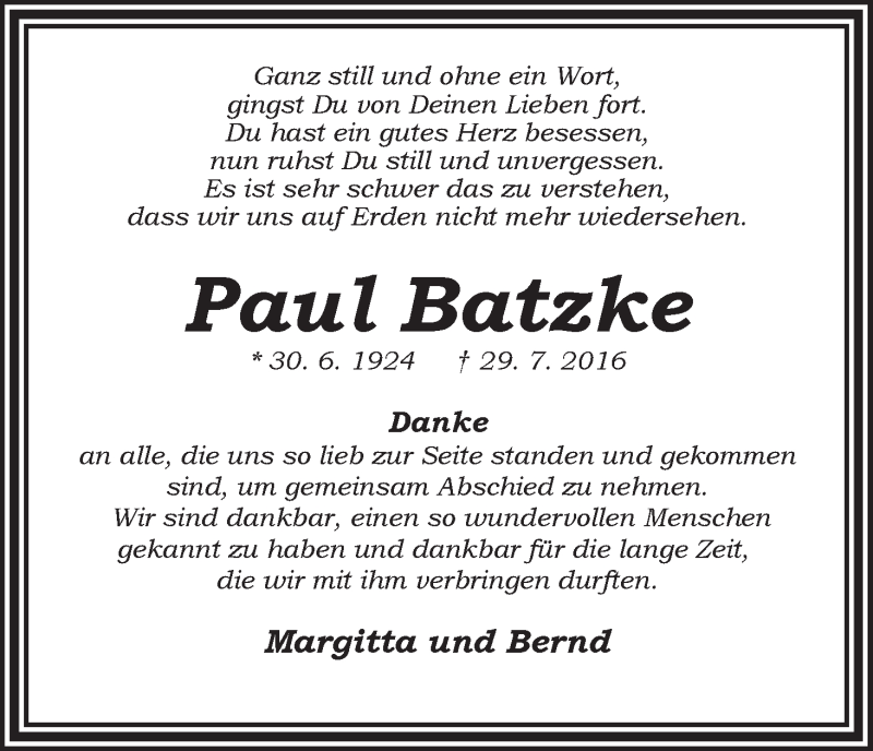 Traueranzeige von Paul Batzke von WESER-KURIER
