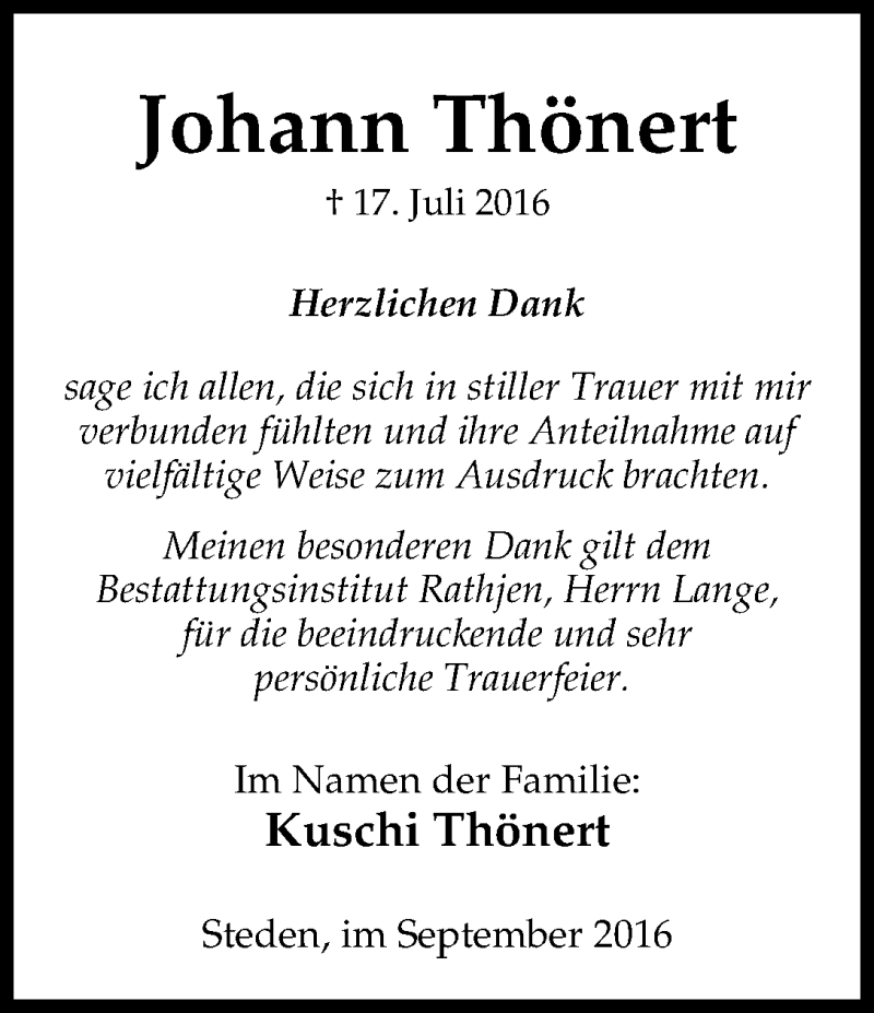 Traueranzeige von Johann Thönert von WESER-KURIER