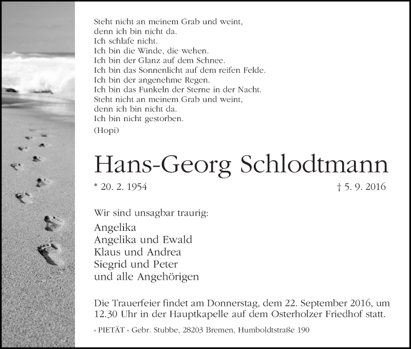 Traueranzeige von Hans-Georg Schlodtmann von WESER-KURIER