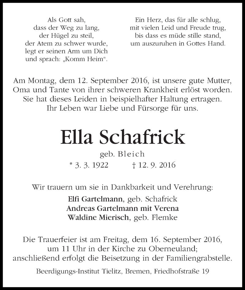 Traueranzeige von Ella Schafrick von WESER-KURIER