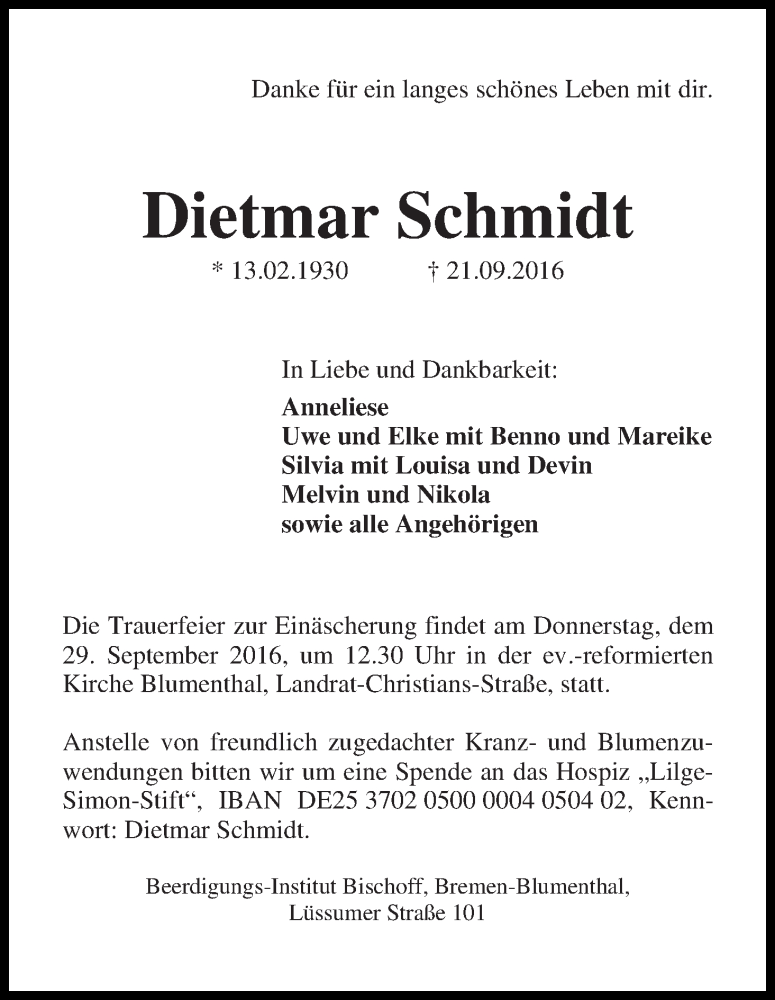 Traueranzeige von Dietmar Schmidt von Die Norddeutsche