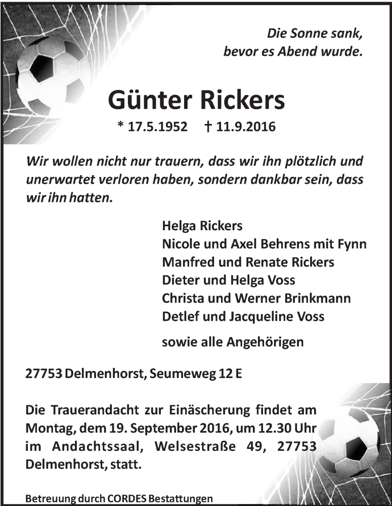Traueranzeige von Günter Rickers von WESER-KURIER