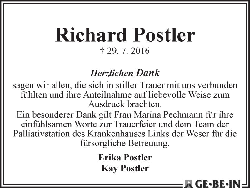 Traueranzeige von Richard Postler von WESER-KURIER
