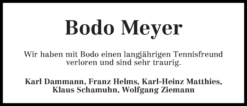 Traueranzeige von Bodo Meyer von WESER-KURIER