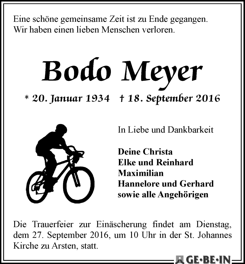 Traueranzeige von Bodo Meyer von WESER-KURIER