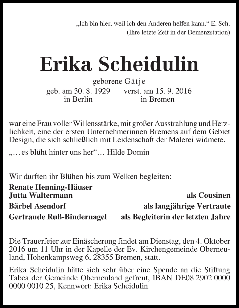 Traueranzeige von Erika Scheidulin von WESER-KURIER