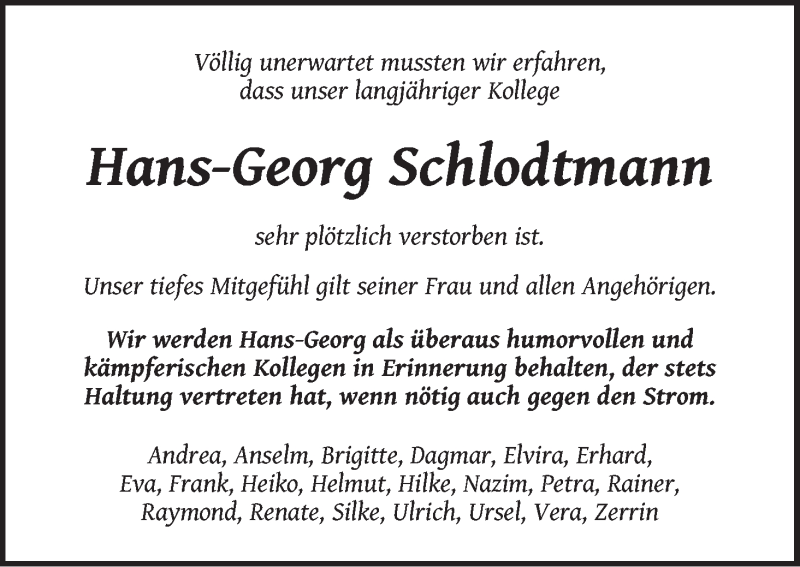 Traueranzeige von Hans-Georg Schlodtmann von WESER-KURIER