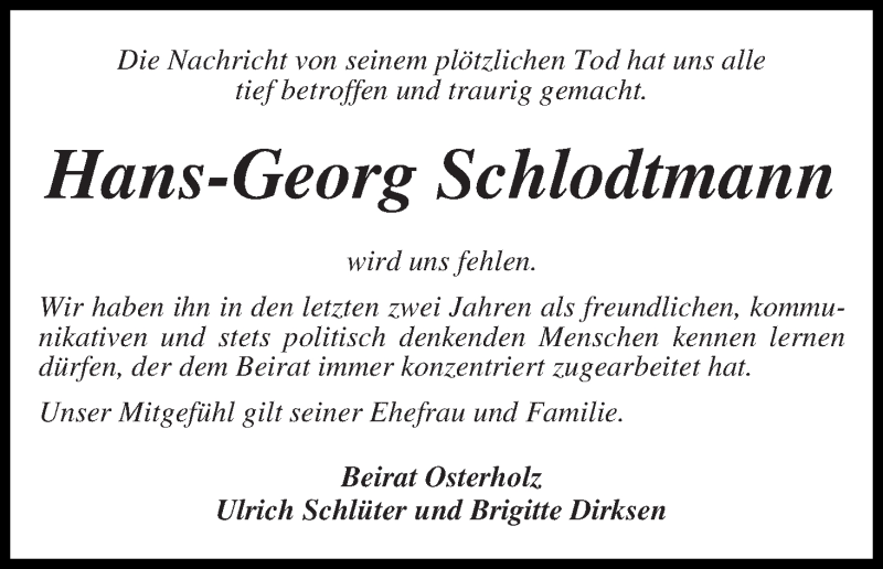 Traueranzeige von Hans-Georg Schlodtmann von WESER-KURIER