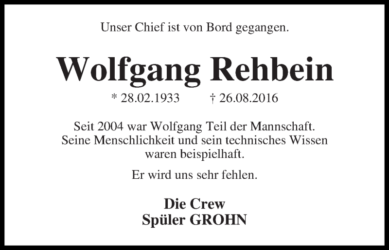 Traueranzeige von Wolfgang Rehbein von Die Norddeutsche