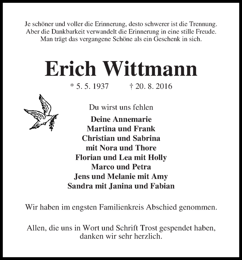 Traueranzeige von Erich Wittmann von WESER-KURIER