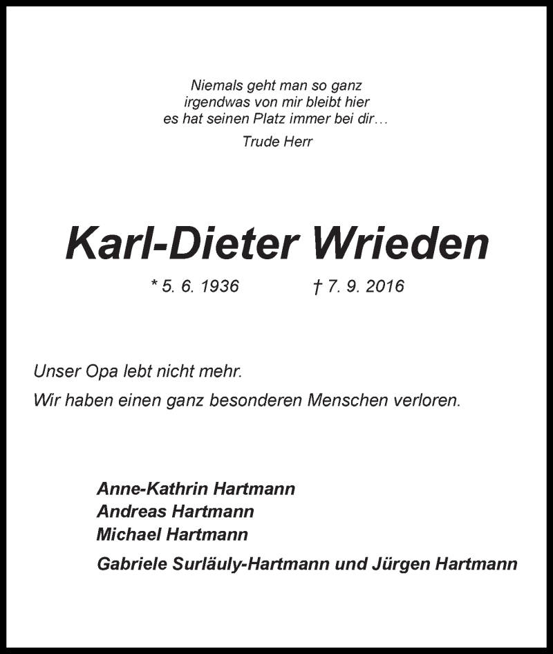 Traueranzeige von Karl-Dieter Wrieden von WESER-KURIER