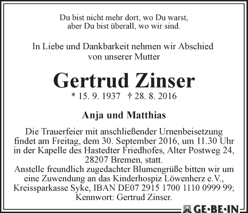 Traueranzeige von Gertrud Zinser von WESER-KURIER