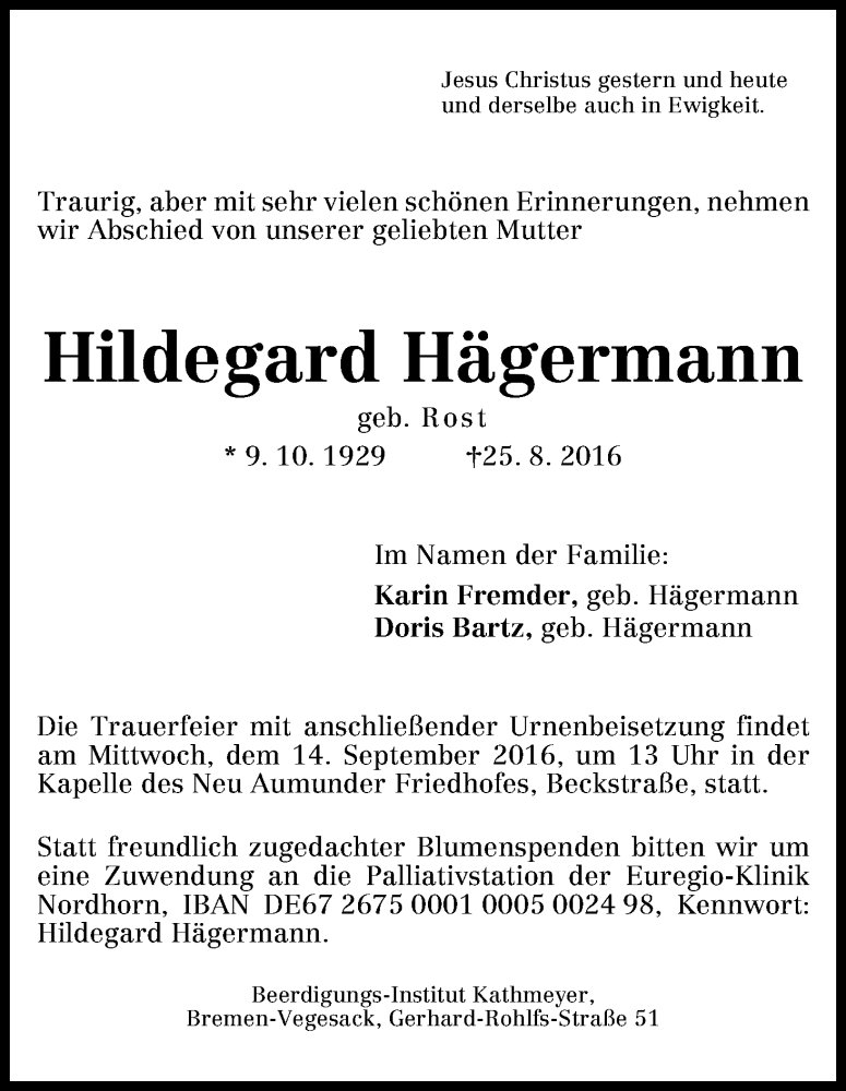 Traueranzeige von Hildegard Hägermann von Die Norddeutsche