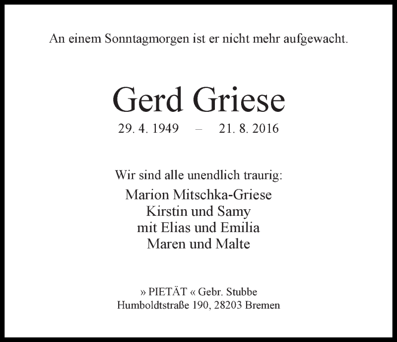 Traueranzeige von Gerd Griese von WESER-KURIER
