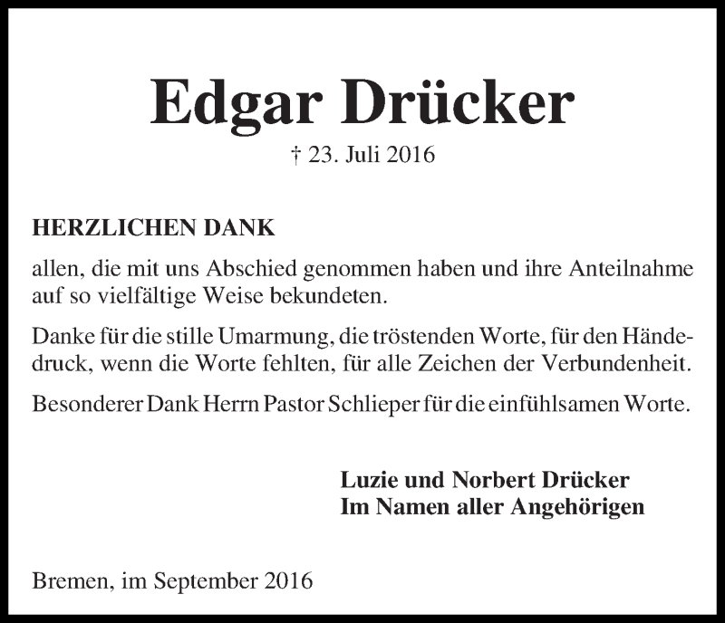 Traueranzeige von Edgar Drücker von WESER-KURIER