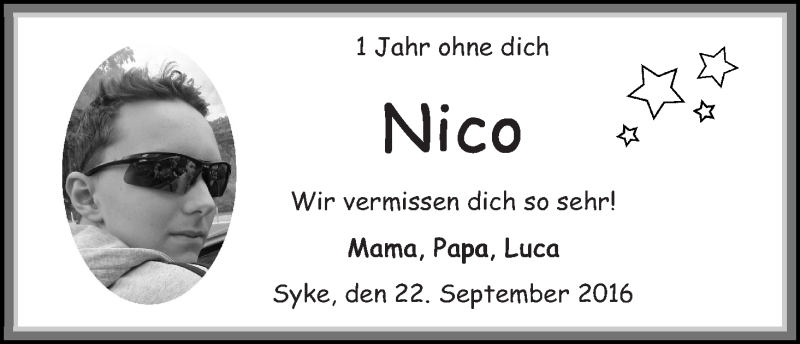 Traueranzeige von Nico Brüggemann von Regionale Rundschau/Syker Kurier