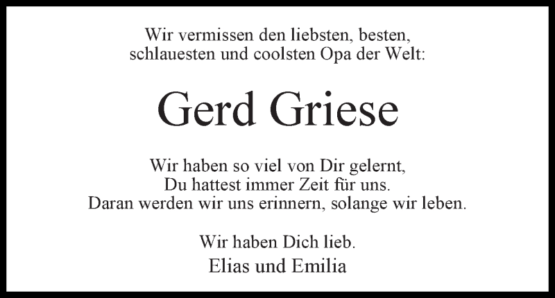 Traueranzeige von Gerd Griese von WESER-KURIER