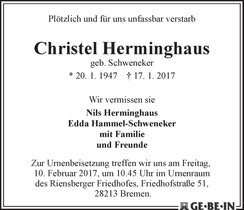 Traueranzeige von Christel Herminghausen von WESER-KURIER