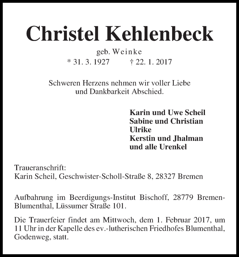 Traueranzeige von Christel Kehlenbeck von Die Norddeutsche