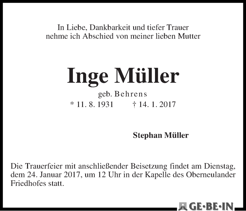 Traueranzeige von Inge Müller von WESER-KURIER