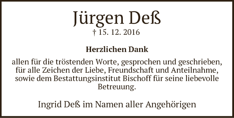 Traueranzeige von Jürgen Deß von WESER-KURIER