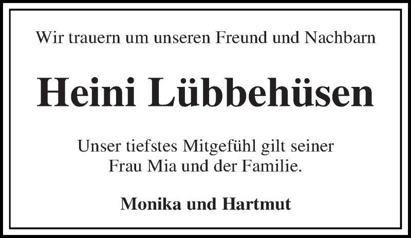 Traueranzeige von Heini Lübbehüsen von WESER-KURIER