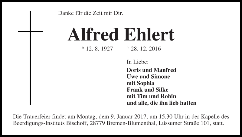 Traueranzeige von Alfred Ehlert von Die Norddeutsche