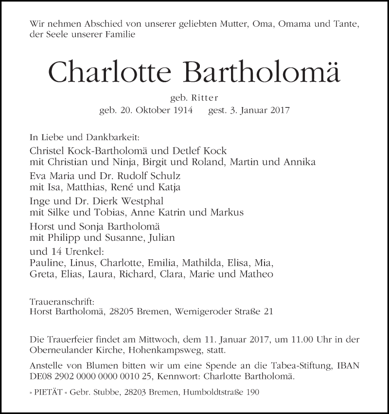 Traueranzeige von Charlotte Bartholomä von WESER-KURIER