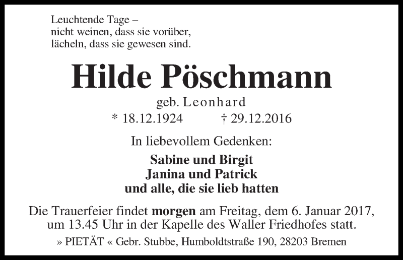 Traueranzeige von Hilde Pöschmann von WESER-KURIER