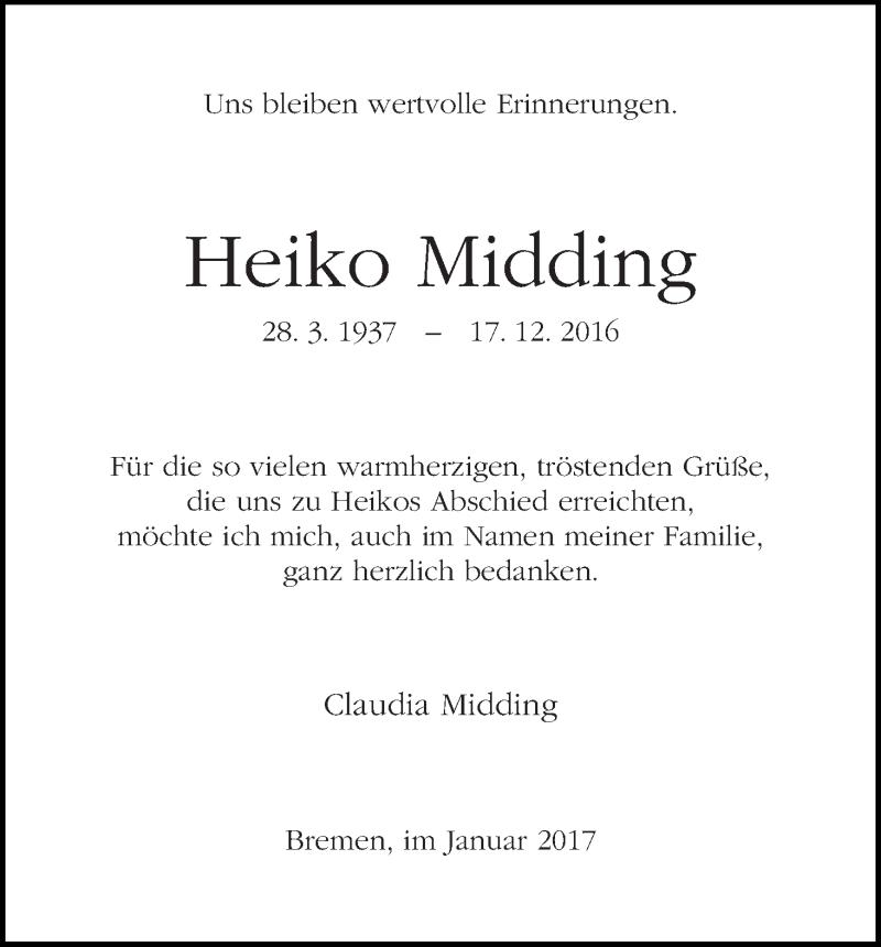 Traueranzeige von Heiko Midding von WESER-KURIER