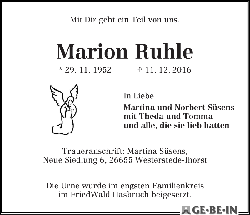 Traueranzeige von Marion Ruhle von WESER-KURIER