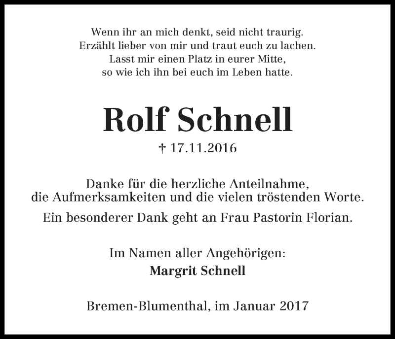 Traueranzeige von Rolf Schnell von Die Norddeutsche