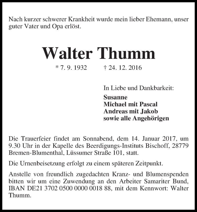 Traueranzeige von Walter Thumm von WESER-KURIER
