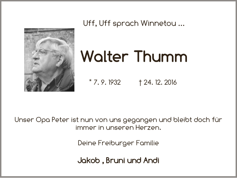 Traueranzeige von Walter Thumm von Die Norddeutsche