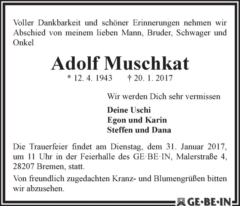 Traueranzeige von Adolf Muschkat von WESER-KURIER
