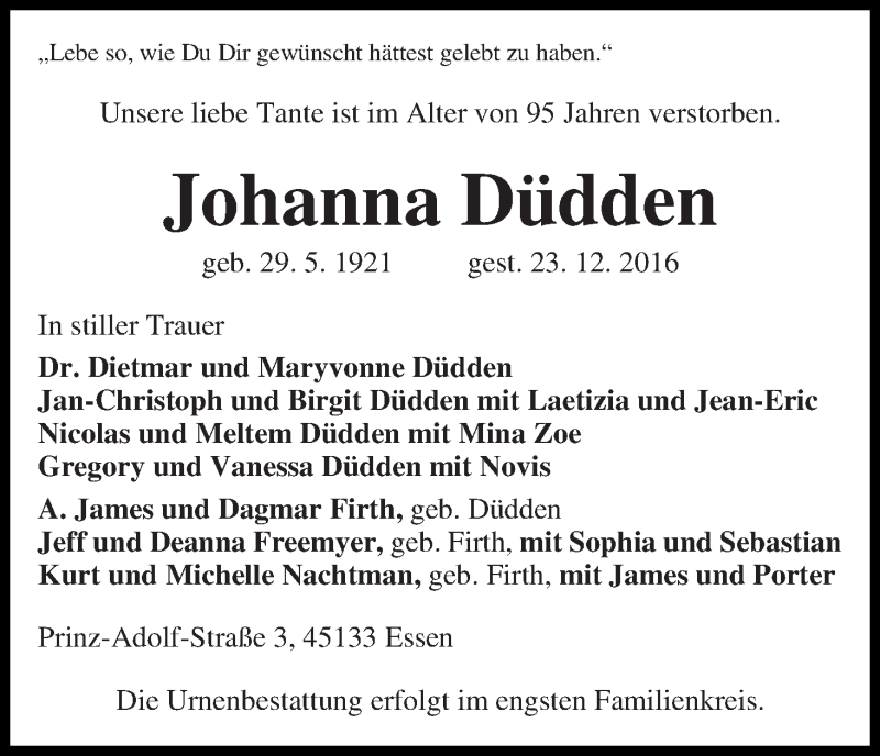 Traueranzeige von Johanna Düdden von WESER-KURIER