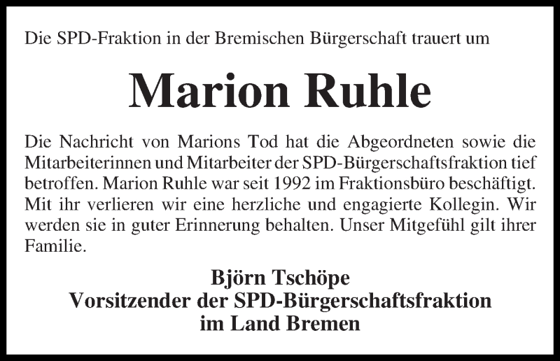 Traueranzeige von Marion Ruhle von WESER-KURIER
