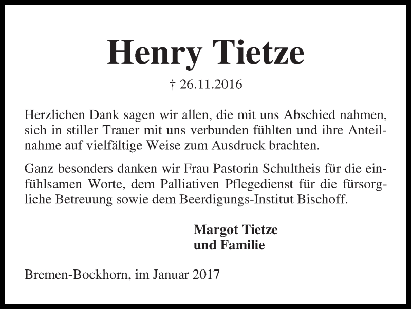 Traueranzeige von Henry Tietze von Die Norddeutsche
