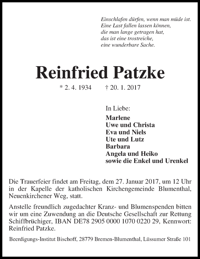 Traueranzeige von Reinfried Patzke von Die Norddeutsche
